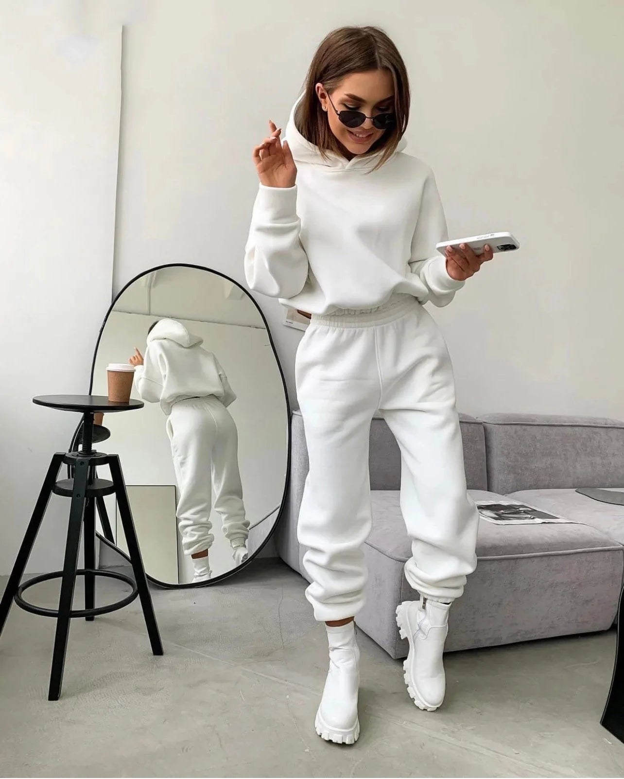 Pullover Hooded Tracksuit Women Two Pieces Pant Sets Sweatshirts Pockets Pants Suit Thick Elastic Waist Spliced Sporty Autumn