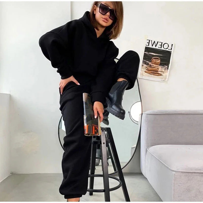 Pullover Hooded Tracksuit Women Two Pieces Pant Sets Sweatshirts Pockets Pants Suit Thick Elastic Waist Spliced Sporty Autumn