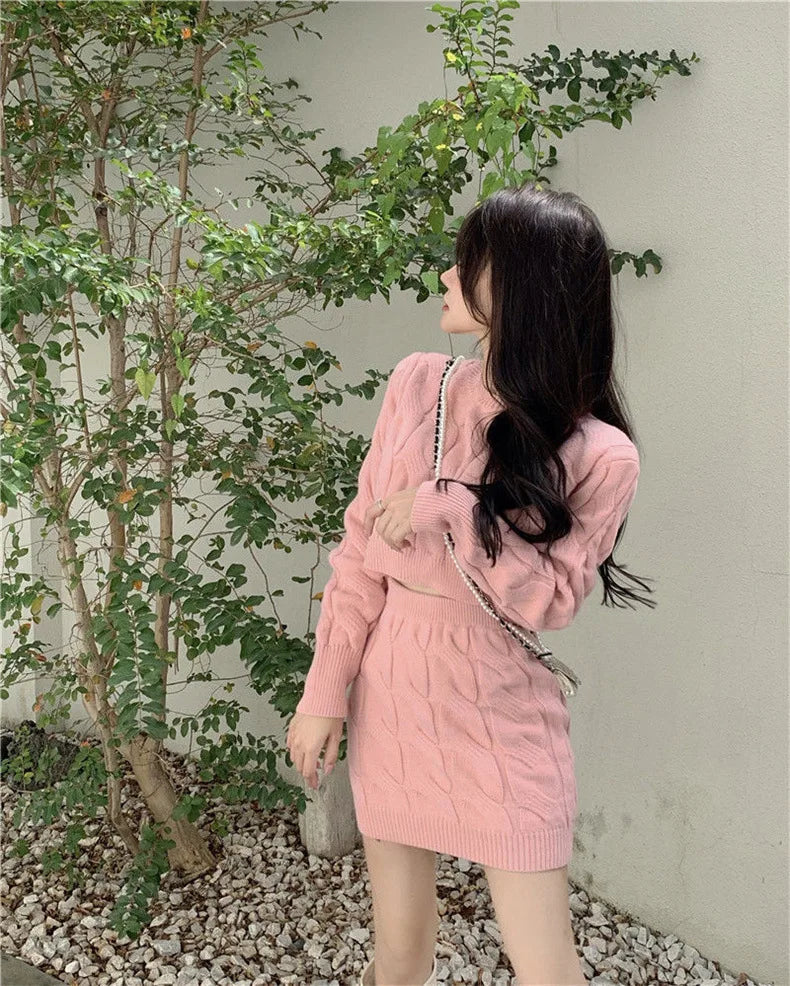 Women Two Piece Skirt Sets .Conjunto de punto de saya y suéter elegantes