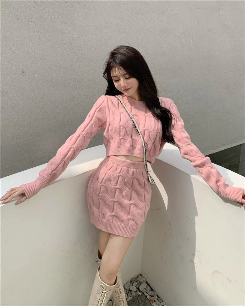 Women Two Piece Skirt Sets .Conjunto de punto de saya y suéter elegantes