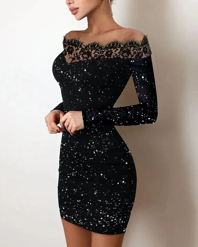 Dress Women Sexy Sheath Dresses Lace Hollow Out Sequins Sleeveless Slash Neck. Vestido elegante ceñido al cuerpo con brillos