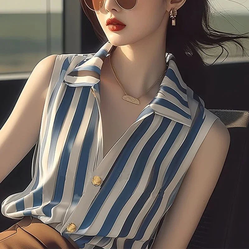 Fashion Lapel Button Printed Sleeveless Striped Shirt Women's