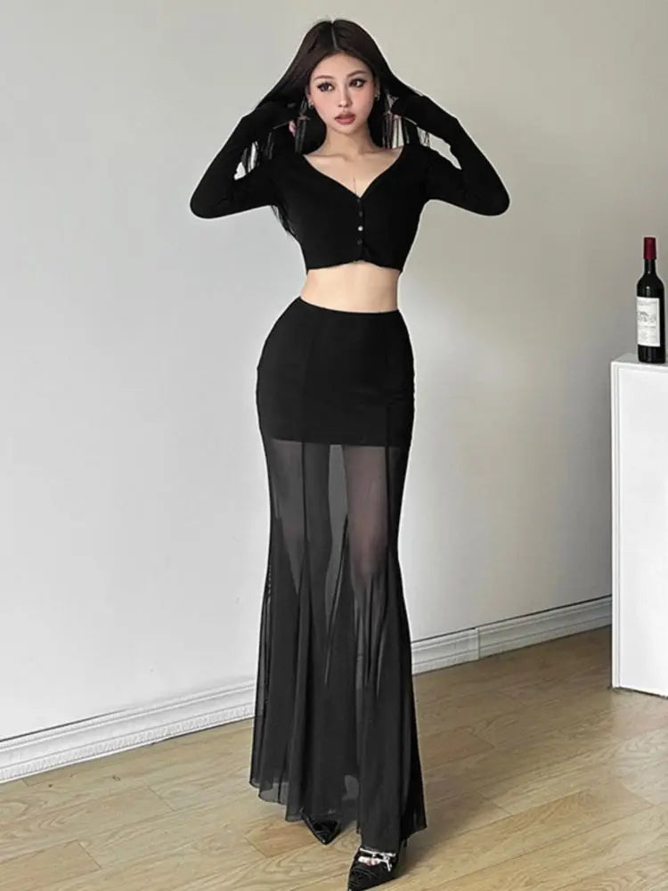 Ele Bla Asymmetrical  Skirt Women's Sexy High Waist Bodycon Tulle Fi Tail Long Skirt .Falda larga con transparencia ,elegante
