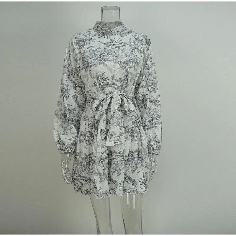 Printed Pearl Single Breasted Belts Pleated Dress . Vestido casual ,elegante y romántico