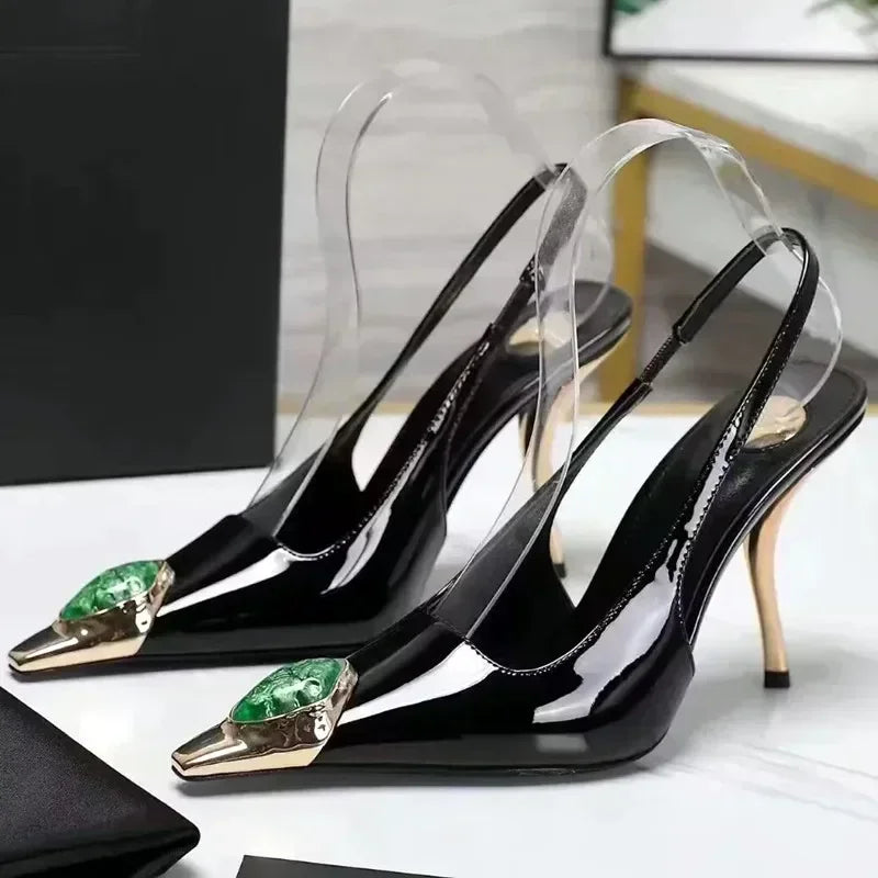 Zapatos de tacón elegantes para mujer con detalles metálicos  Luxury Metal Jewel Decoration Heels Women 2025