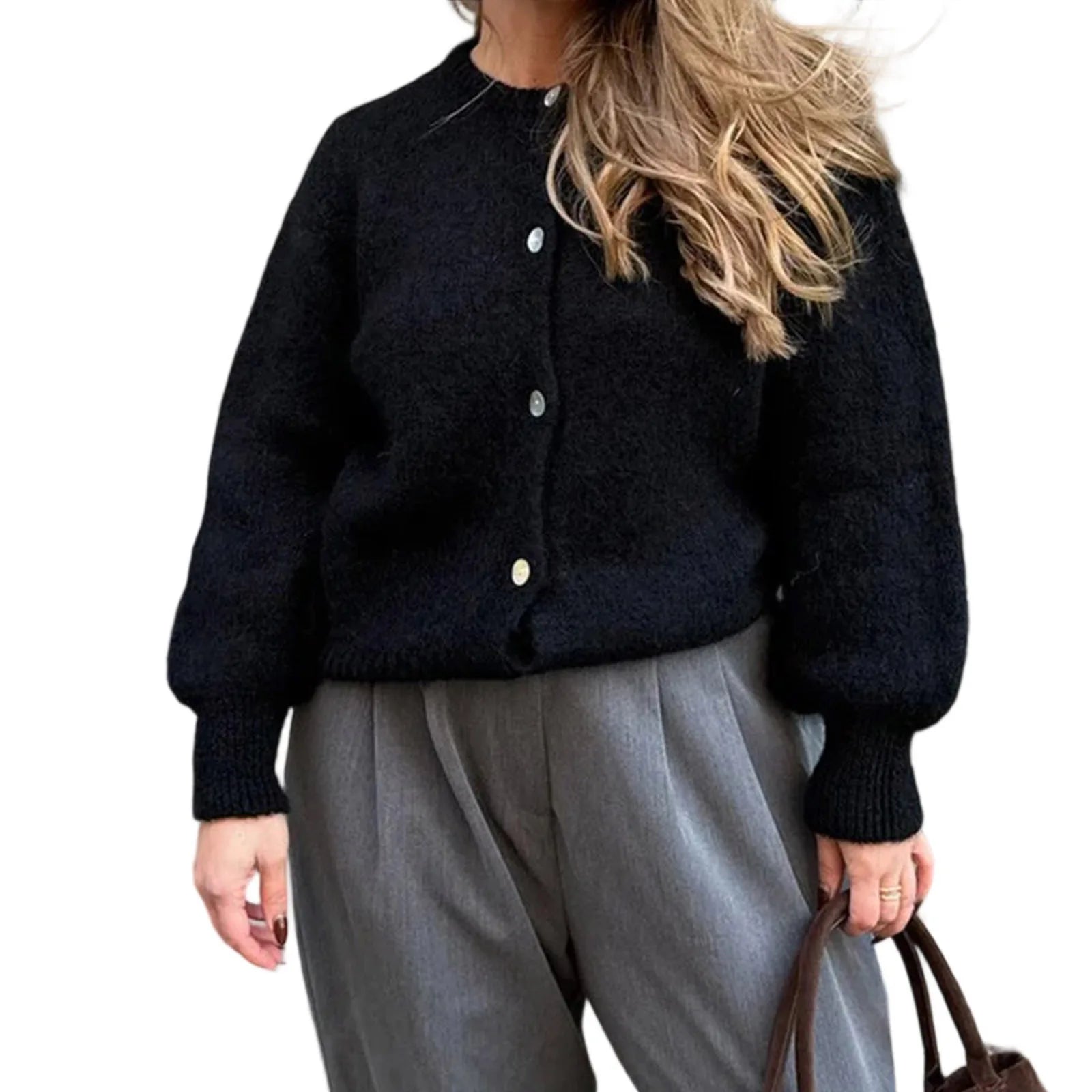 Women Autumn y2k Vintage Crew Neck Knitted Cardigan Basic. Cardigan Peludito para Mujer – Suéter Knit Suave