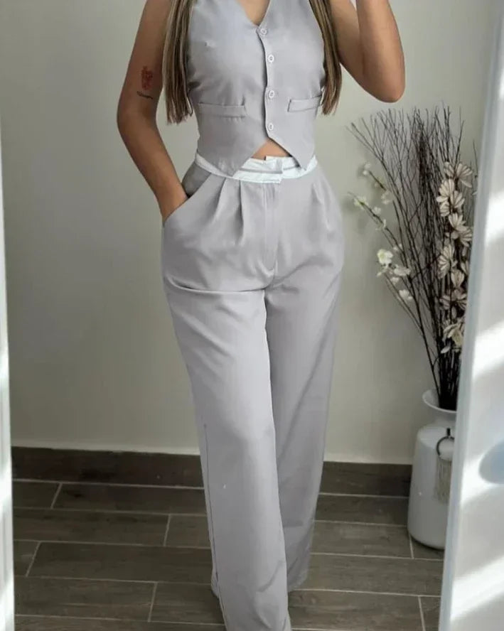 Elegant V-Neck Buttoned Vest Top & Pocket Design Pants Set Womens Two Piece Sets Outfit .Conjunto de 2 piezas pantalón y chaleco