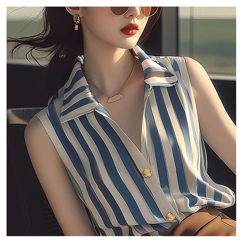 Fashion Lapel Button Printed Sleeveless Striped Shirt Women's