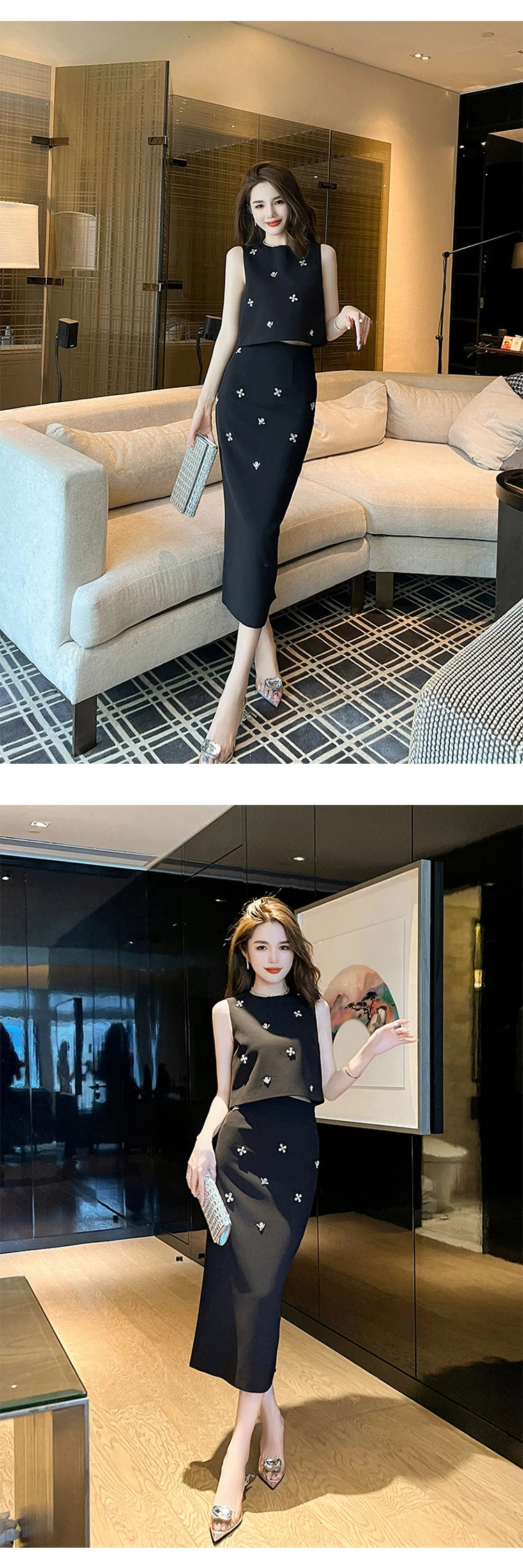 Elegant Fashionable 2 Pieces Outfits Women,Vestido de mujer elegante con incrustaciones de piedras