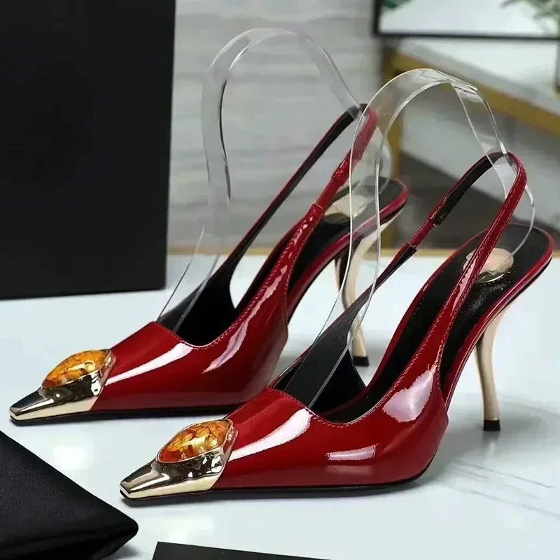 Zapatos de tacón elegantes para mujer con detalles metálicos  Luxury Metal Jewel Decoration Heels Women 2025