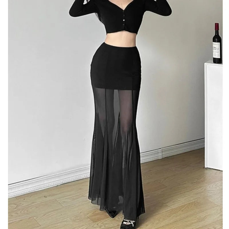 Ele Bla Asymmetrical  Skirt Women's Sexy High Waist Bodycon Tulle Fi Tail Long Skirt .Falda larga con transparencia ,elegante