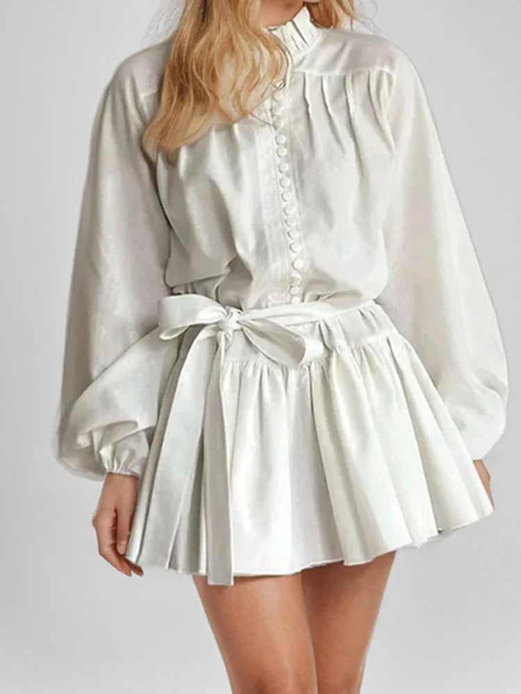 Printed Pearl Single Breasted Belts Pleated Dress . Vestido casual ,elegante y romántico