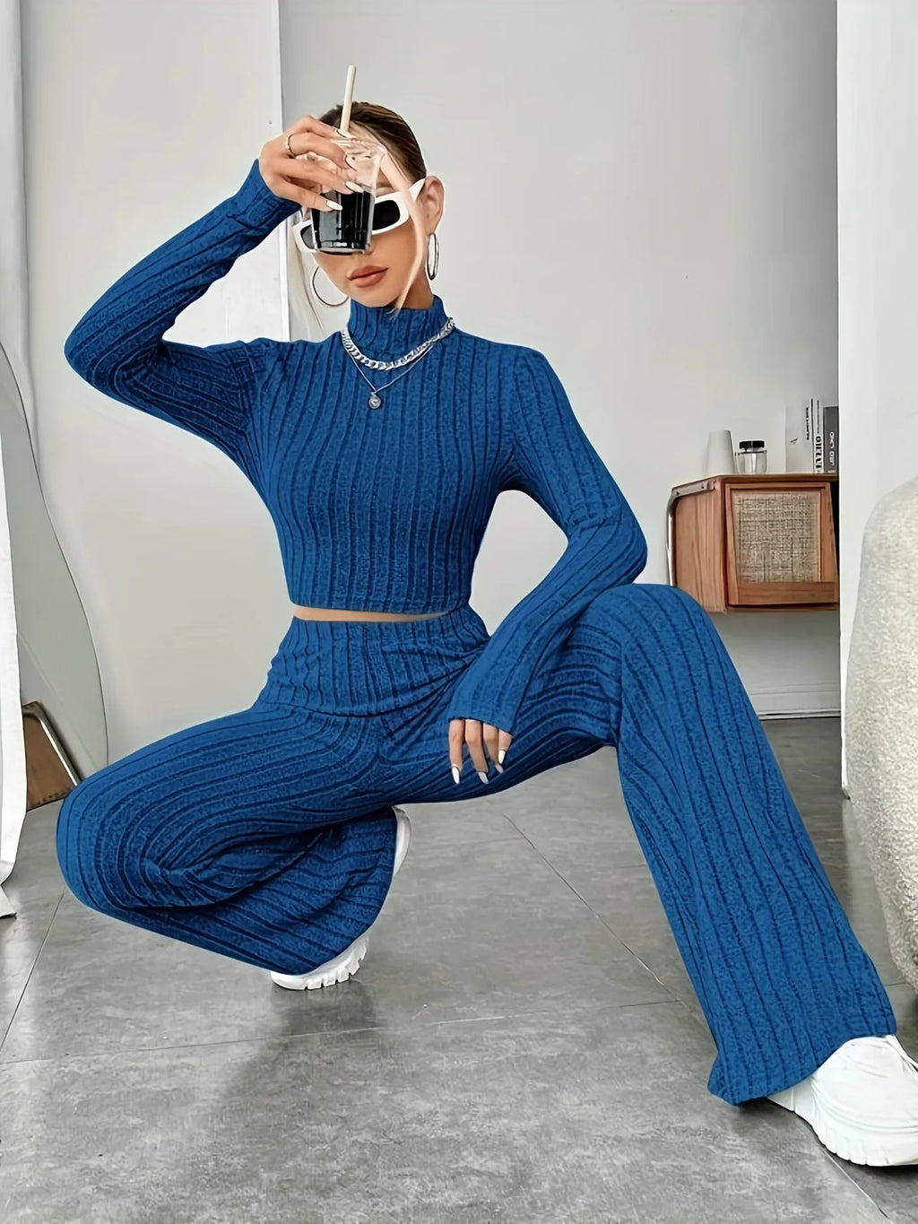 Women's Solid Color Knit Suit Spring Summer Stand Collar Striped Long Sleeve Pullover Top And Pants Streetwear Two Piece Set