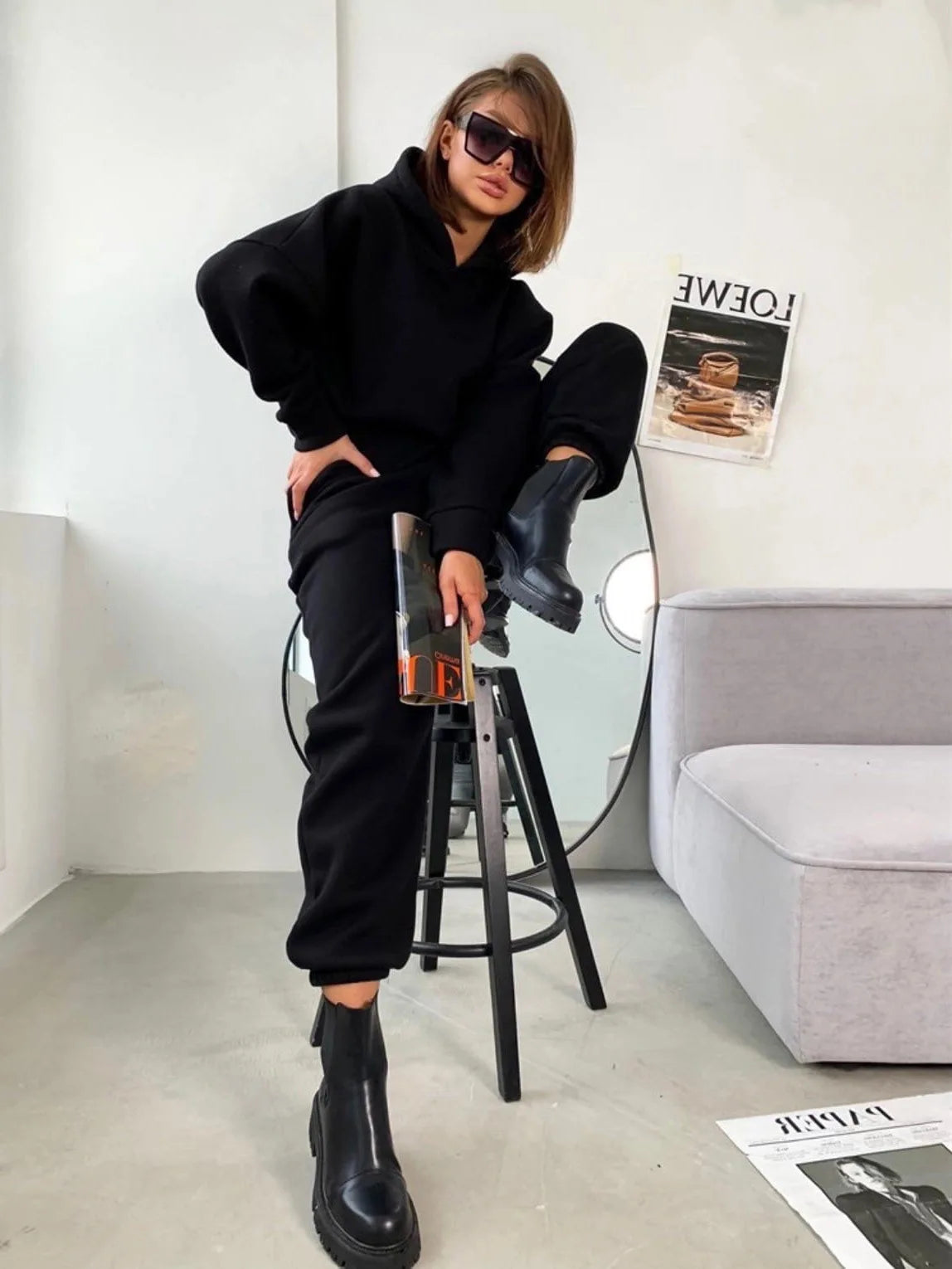 Pullover Hooded Tracksuit Women Two Pieces Pant Sets Sweatshirts Pockets Pants Suit Thick Elastic Waist Spliced Sporty Autumn