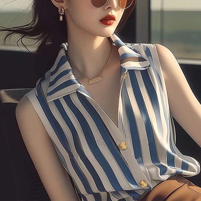 Fashion Lapel Button Printed Sleeveless Striped Shirt Women's