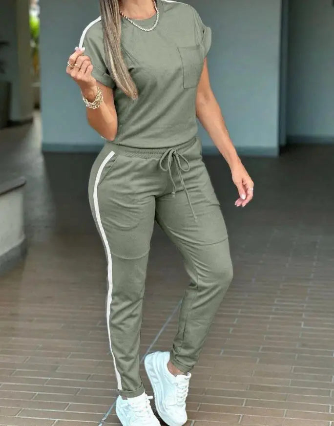 Women's Sports Short Sleeve Top Pocket Drawstring Pants Set.Conjunto de pullover y pantalón deportivo y práctico para mujer