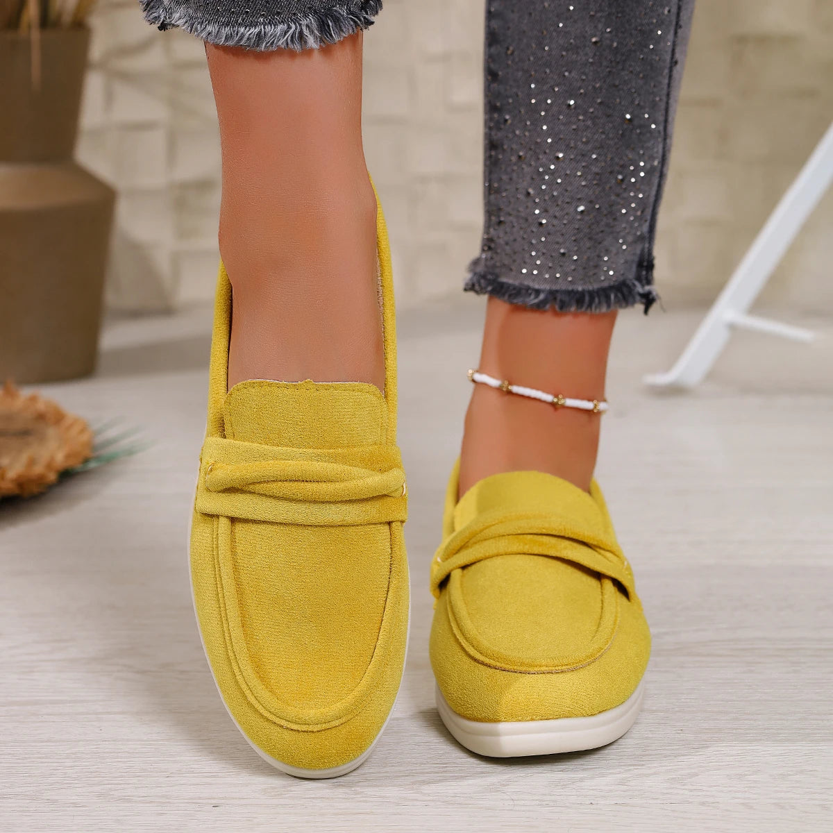 Zapatillas para mujer elegantes y cómodas Style Lazy One-Piece , Large Size Retro Flat Comfortable Beanie Shoes