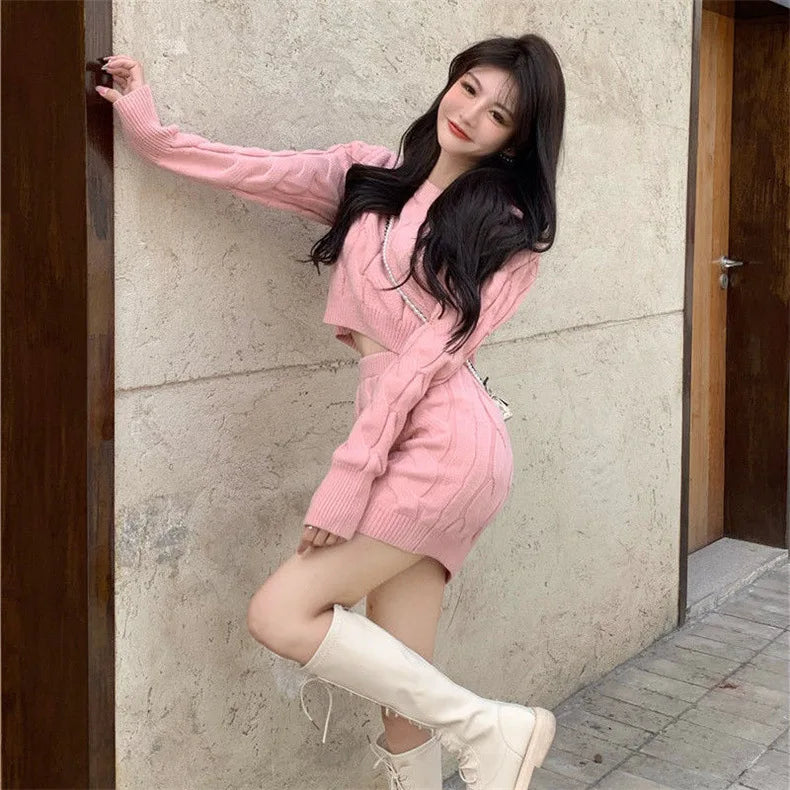 Women Two Piece Skirt Sets .Conjunto de punto de saya y suéter elegantes