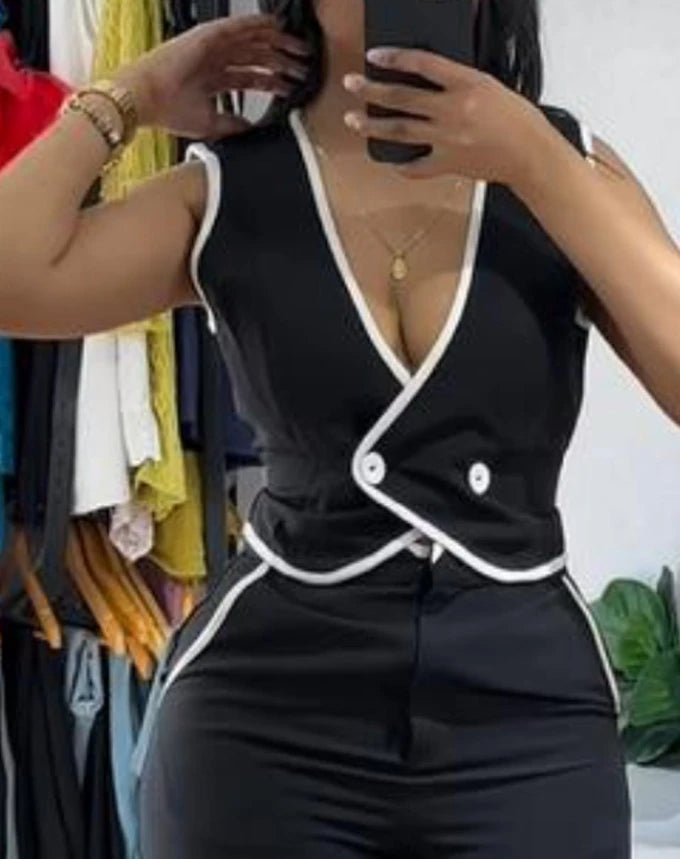 Elegant V-Neck Buttoned Vest Top & Pocket Design Pants Set Womens Two Piece Sets Outfit .Conjunto de 2 piezas pantalón y chaleco