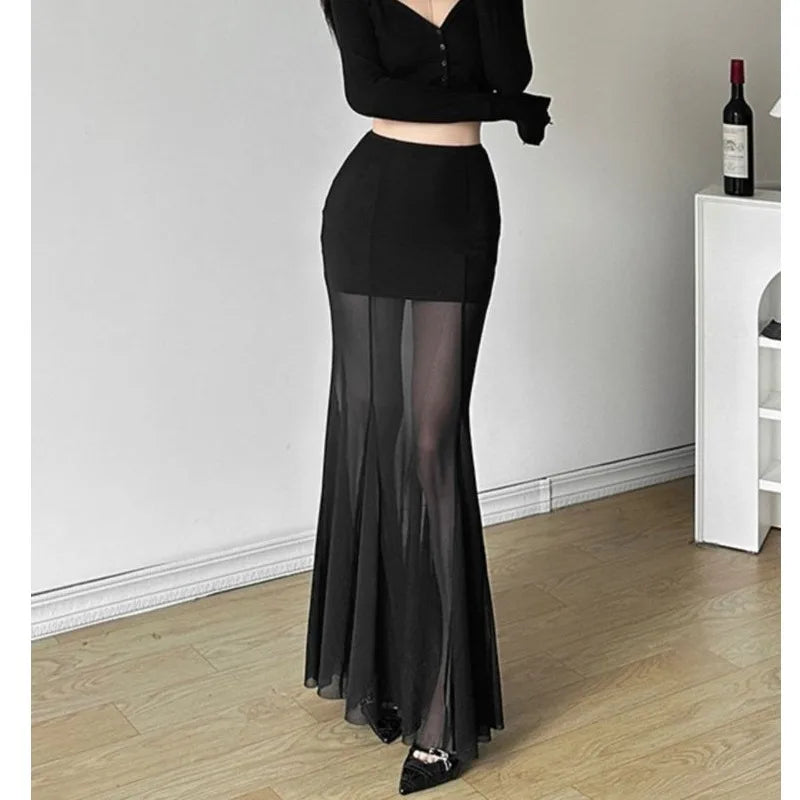 Ele Bla Asymmetrical  Skirt Women's Sexy High Waist Bodycon Tulle Fi Tail Long Skirt .Falda larga con transparencia ,elegante