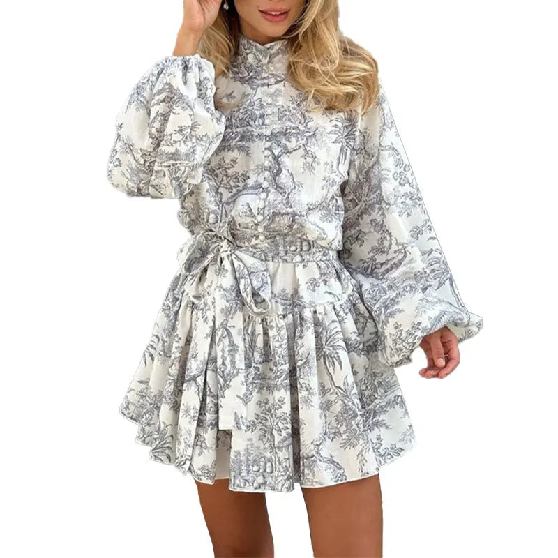fashion  High Waist Printed Dr Gown with Belt A-Line Silhouette for Women 
Vestido romántico con volantes
