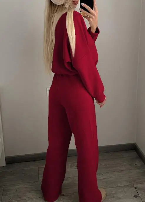 Solid Color Round Neck Zipper Front Loose Jacket and Lace Up High Waisted Straight Leg Pants Set, Autumn Women's Sports Set