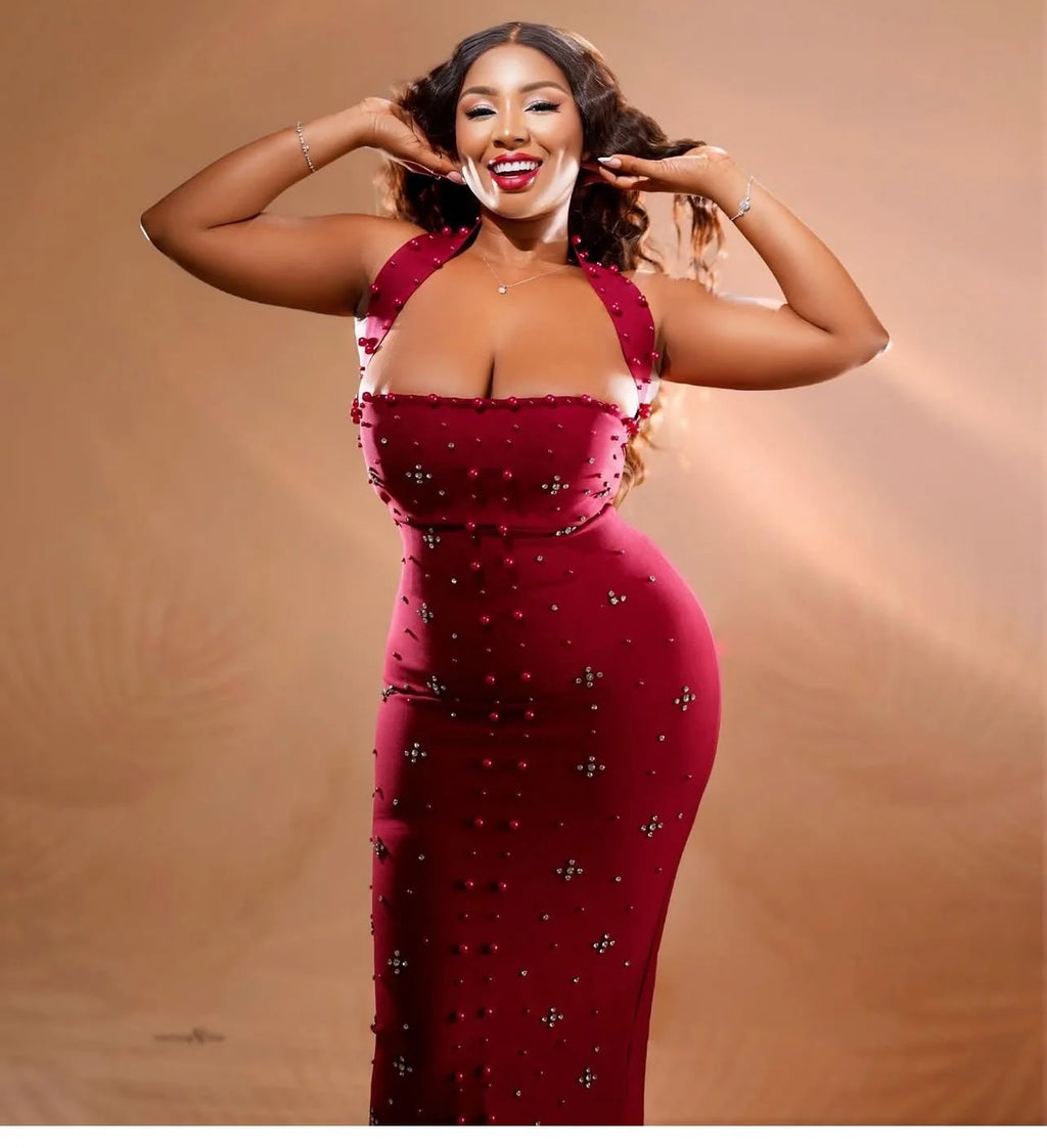 HLJ Elegant Pearls Patchwork,vestido elegante ideal para la Navidad ,con adornos de piedras