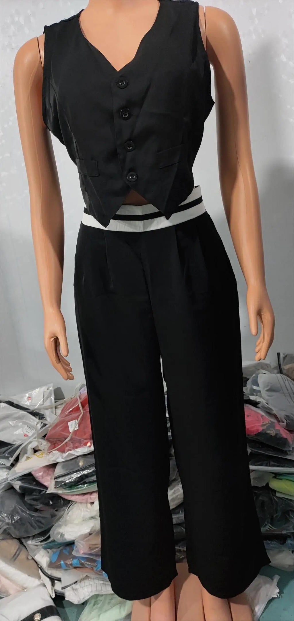 Elegant V-Neck Buttoned Vest Top & Pocket Design Pants Set Womens Two Piece Sets Outfit .Conjunto de 2 piezas pantalón y chaleco