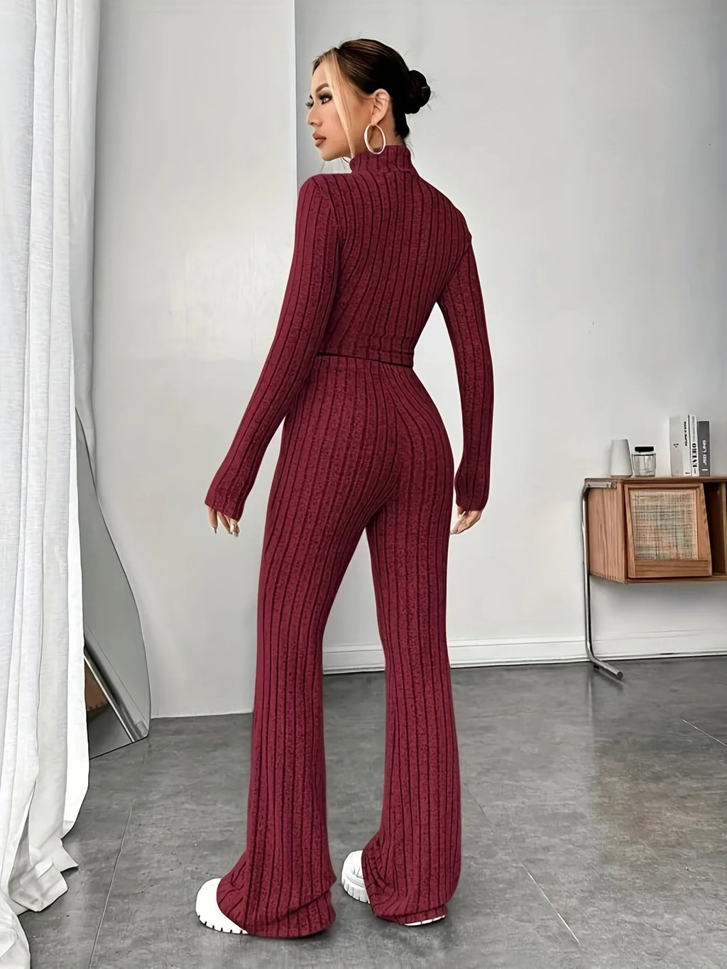 Women's Solid Color Knit Suit Spring Summer Stand Collar Striped Long Sleeve Pullover Top And Pants Streetwear Two Piece Set