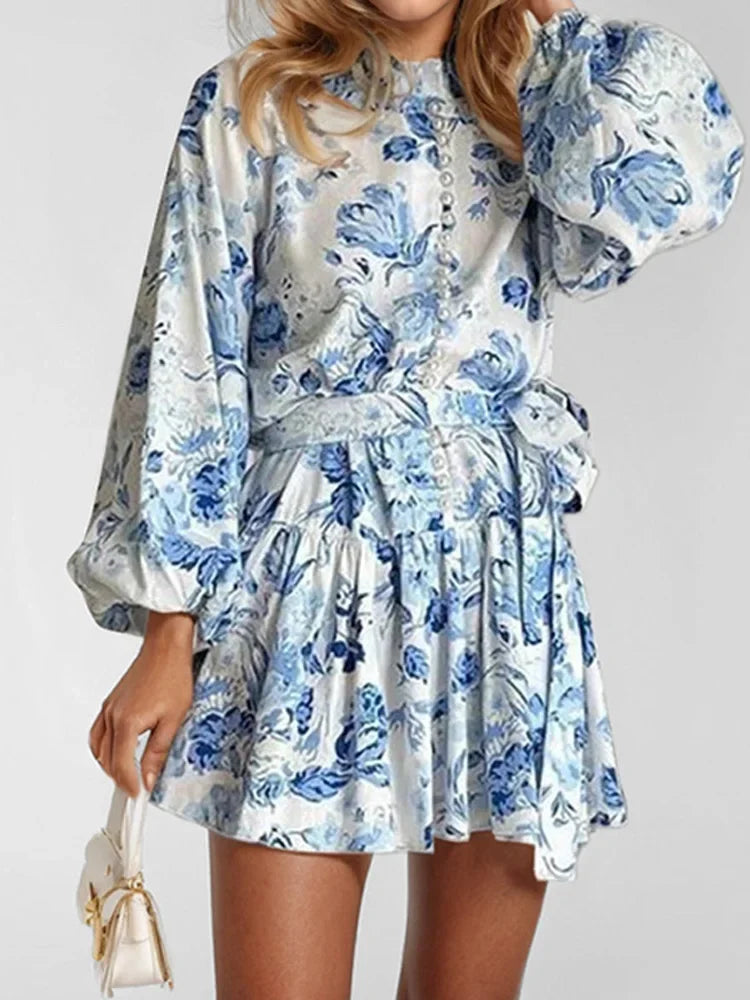 Printed Pearl Single Breasted Belts Pleated Dress . Vestido casual ,elegante y romántico