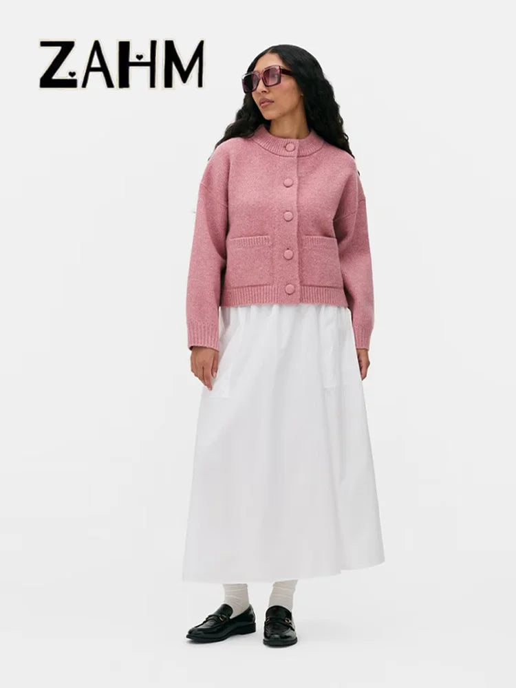 Elegant Knit Solid Lady Jacket 2025 Autumn Female Knitwear, Suéter Oversize con Bolsillos y Botones elegantes