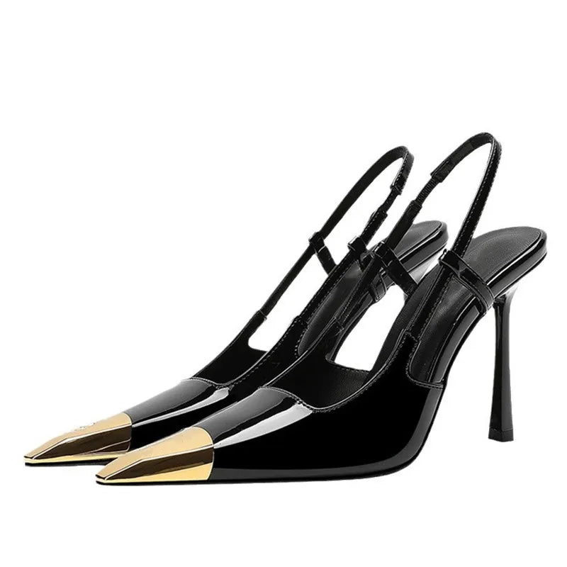 Gold Black Sandals Metal Square Toe Stiletto