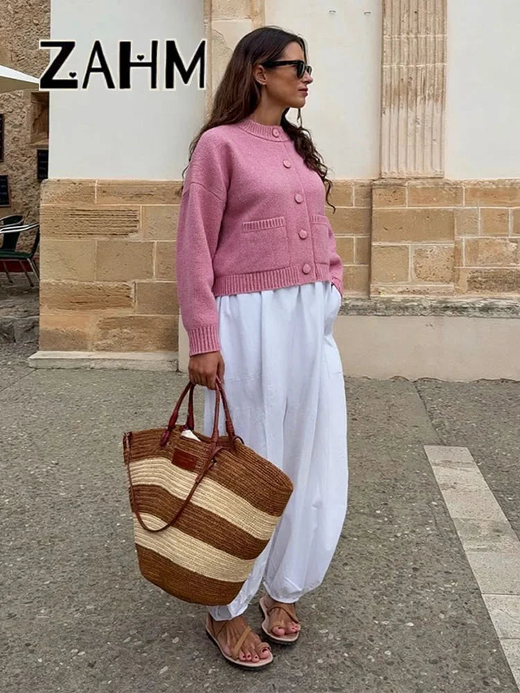 Elegant Knit Solid Lady Jacket 2025 Autumn Female Knitwear, Suéter Oversize con Bolsillos y Botones elegantes