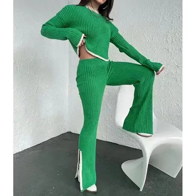 Autumn Winter 2 Pieces Women's Oufit Sets Knitted Tracksuit O-Neck Sweater and Wide Leg Jogging Pants Female Suits