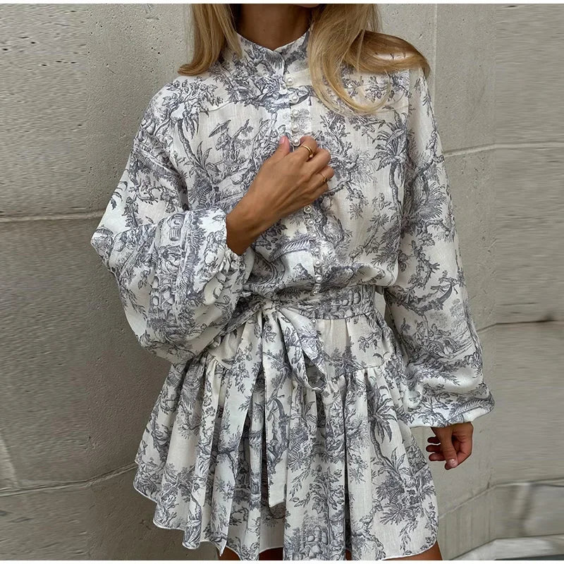 Printed Pearl Single Breasted Belts Pleated Dress . Vestido casual ,elegante y romántico