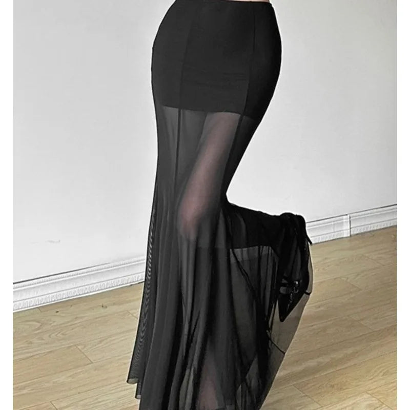 Ele Bla Asymmetrical  Skirt Women's Sexy High Waist Bodycon Tulle Fi Tail Long Skirt .Falda larga con transparencia ,elegante