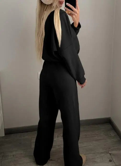 Solid Color Round Neck Zipper Front Loose Jacket and Lace Up High Waisted Straight Leg Pants Set, Autumn Women's Sports Set