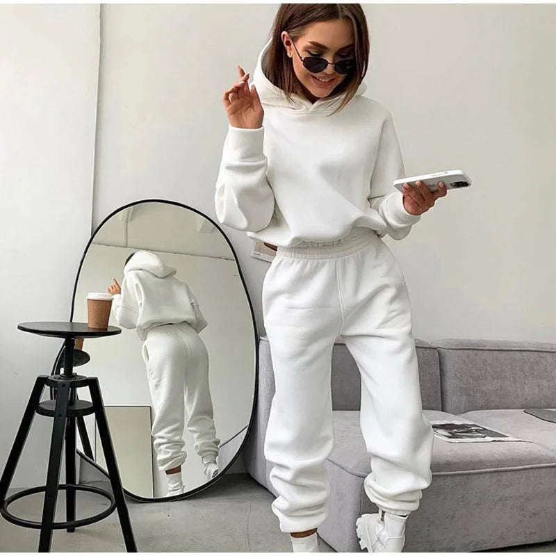 Pullover Hooded Tracksuit Women Two Pieces Pant Sets Sweatshirts Pockets Pants Suit Thick Elastic Waist Spliced Sporty Autumn
