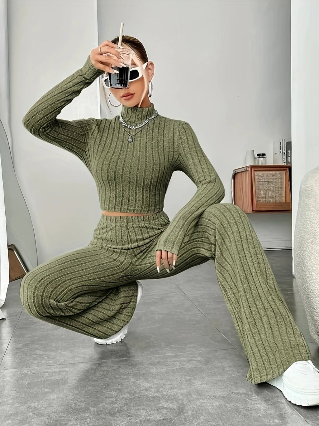 Women's Solid Color Knit Suit Spring Summer Stand Collar Striped Long Sleeve Pullover Top And Pants Streetwear Two Piece Set