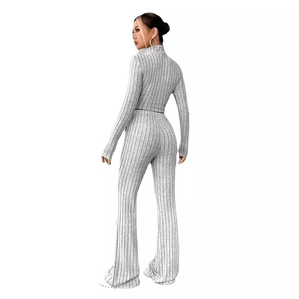 Women's Solid Color Knit Suit Spring Summer Stand Collar Striped Long Sleeve Pullover Top And Pants Streetwear Two Piece Set