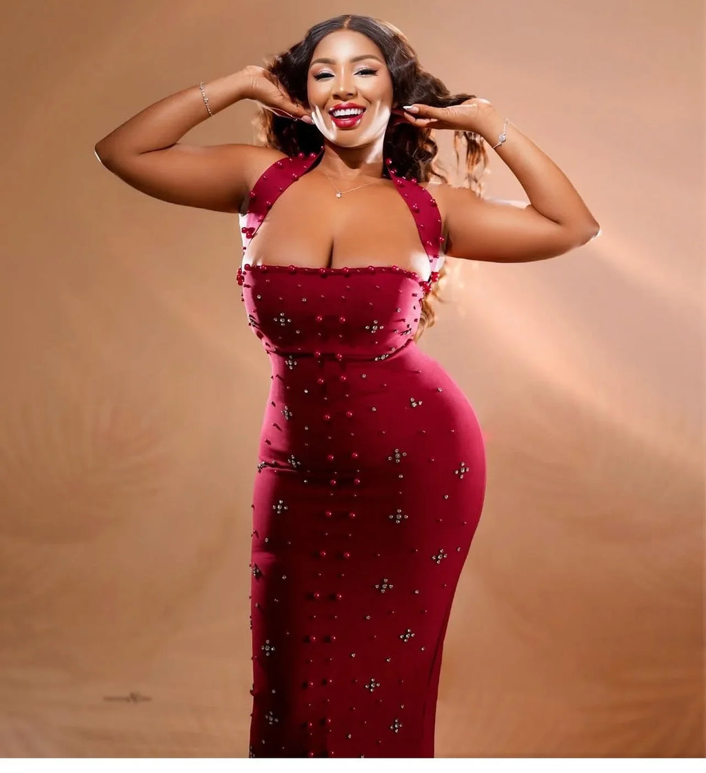 Elegant Party Evening Dresses ,Vestido Elegante de Navidad para mujer con volantes y adornos de strass