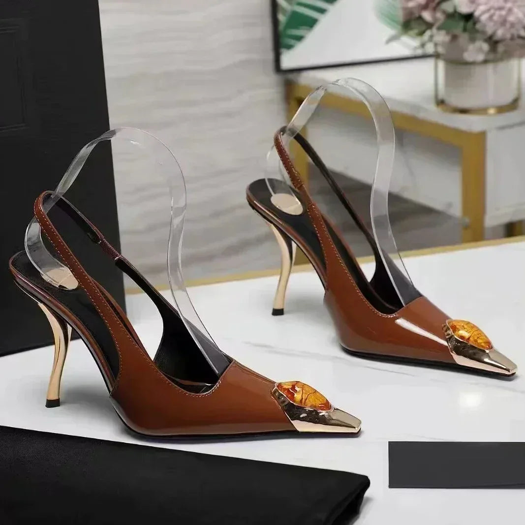 Zapatos de tacón elegantes para mujer con detalles metálicos  Luxury Metal Jewel Decoration Heels Women 2025