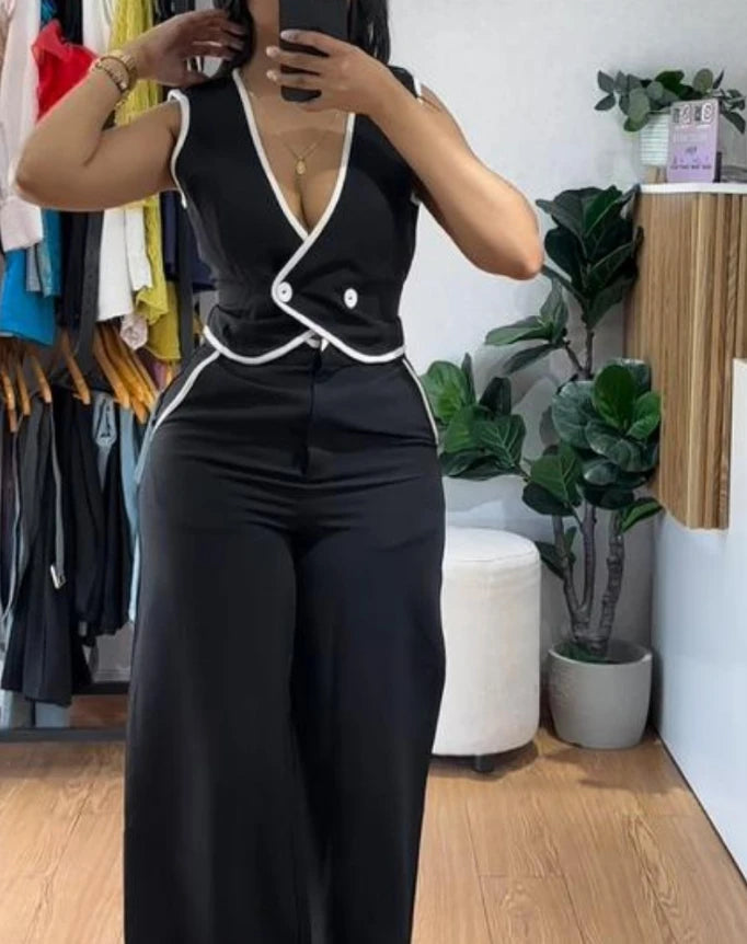 Elegant V-Neck Buttoned Vest Top & Pocket Design Pants Set Womens Two Piece Sets Outfit .Conjunto de 2 piezas pantalón y chaleco