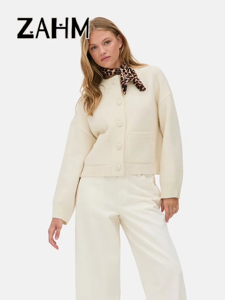 Elegant Knit Solid Lady Jacket 2025 Autumn Female Knitwear, Suéter Oversize con Bolsillos y Botones elegantes