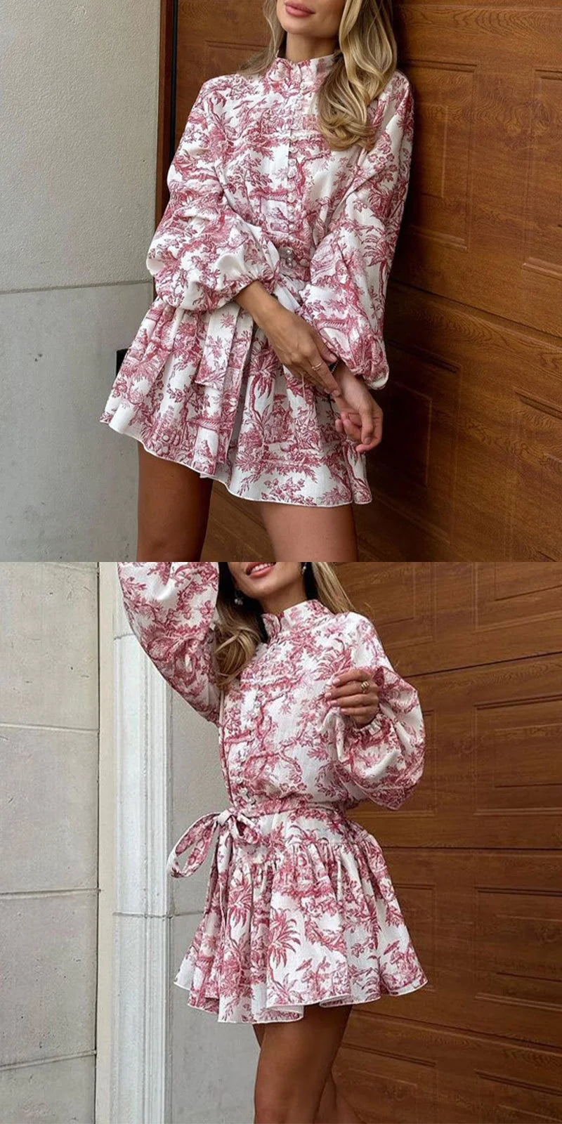 fashion  High Waist Printed Dr Gown with Belt A-Line Silhouette for Women 
Vestido romántico con volantes