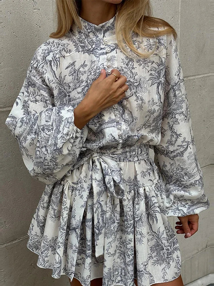 Printed Pearl Single Breasted Belts Pleated Dress . Vestido casual ,elegante y romántico