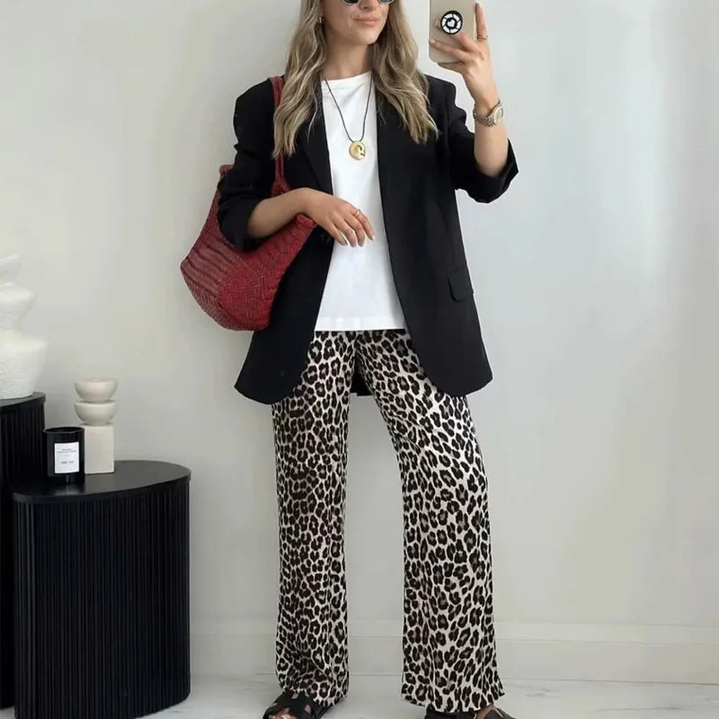 TRAF Vintage Leopard Pants Women High Waist Animal Print