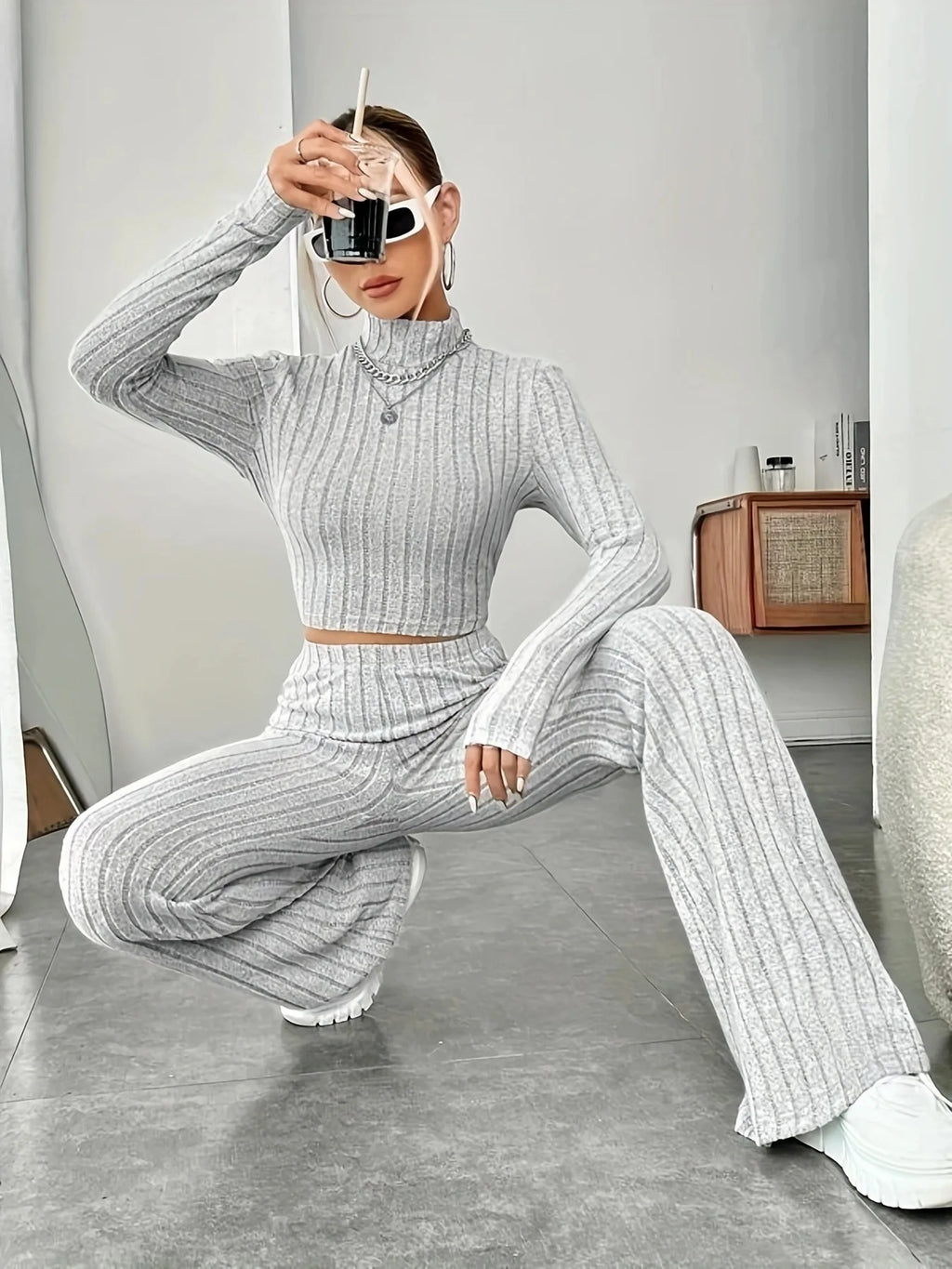 Women's Solid Color Knit Suit Spring Summer Stand Collar Striped Long Sleeve Pullover Top And Pants Streetwear Two Piece Set