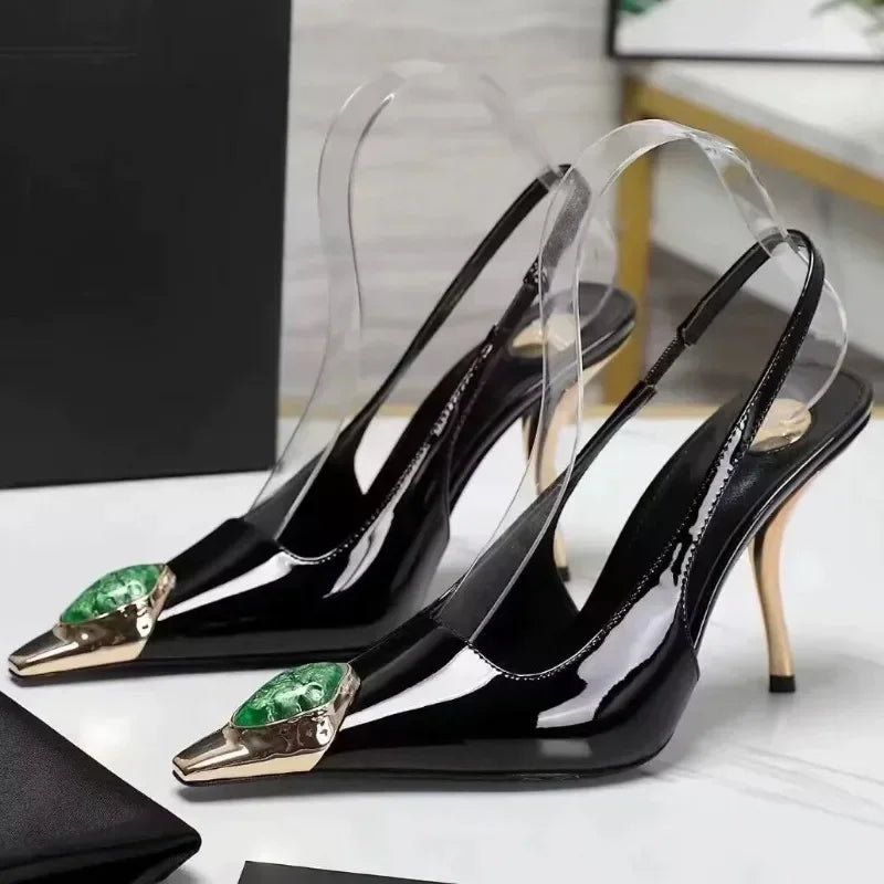 Zapatos de tacón elegantes para mujer con detalles metálicos  Luxury Metal Jewel Decoration Heels Women 2025