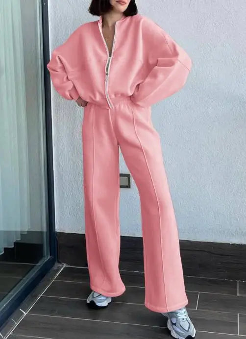 Solid Color Round Neck Zipper Front Loose Jacket and Lace Up High Waisted Straight Leg Pants Set, Autumn Women's Sports Set